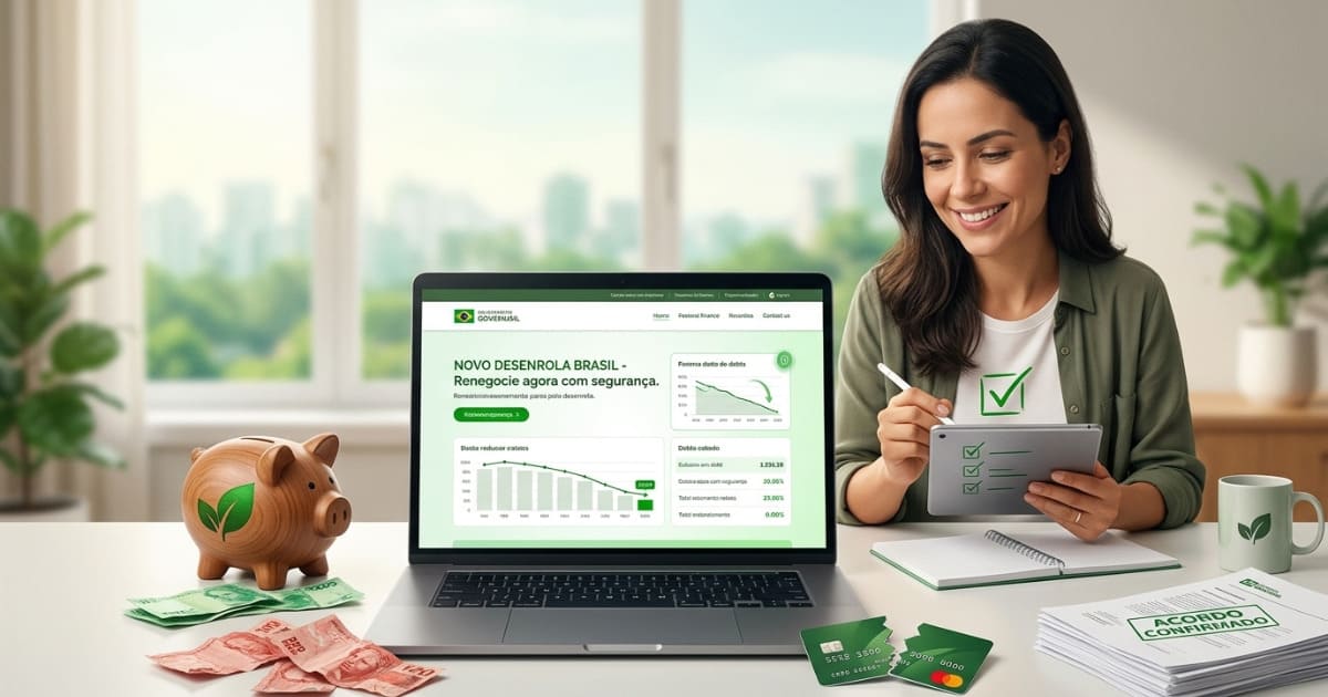 Mulher feliz com Desenrola Brasil para negociar dívidas no computador