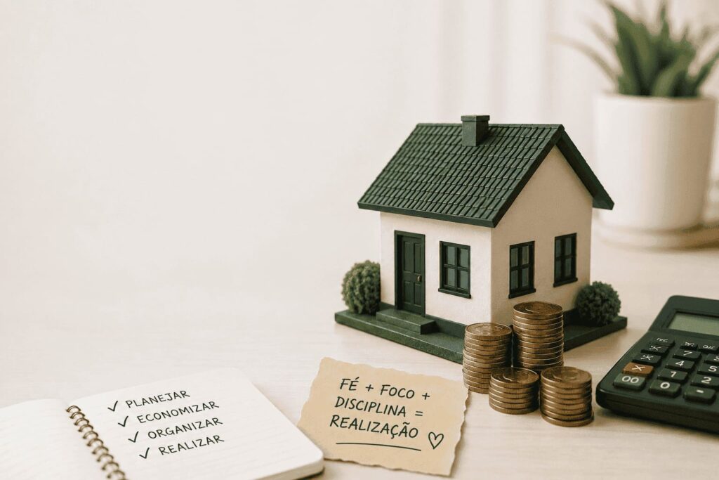 Planilhas e moedas representando o planejamento para comprar casa própria ganhando pouco