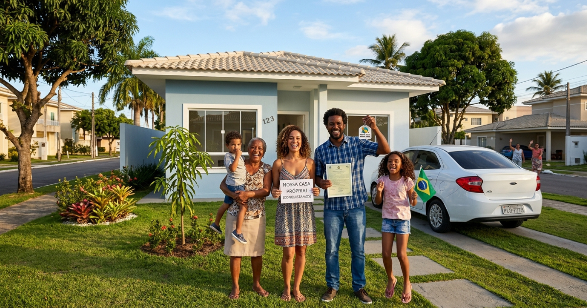 familia feliz comemorando a compra da casa propria