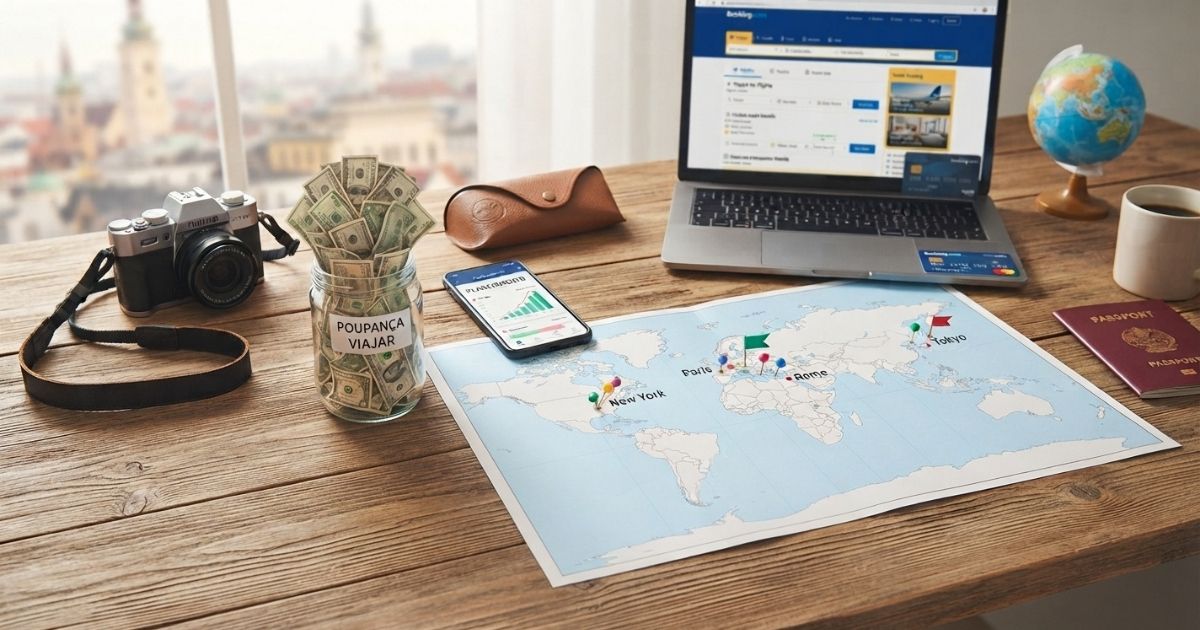 mesa organizada com dinheir, mapa e acessorios de viagem