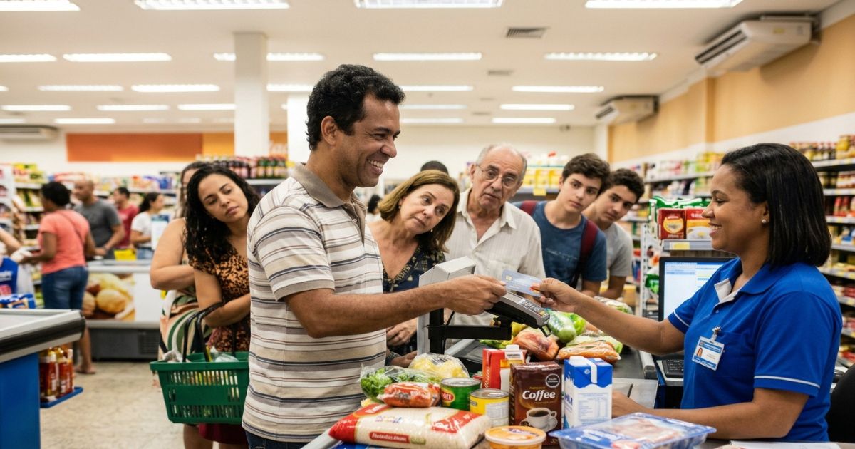 homem feliz no caixa de supermercado