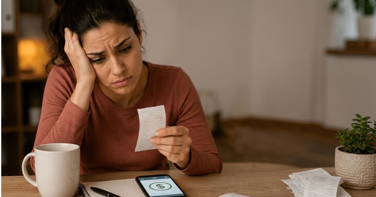 Pessoa revisando extrato bancário e anotando gastos no caderno