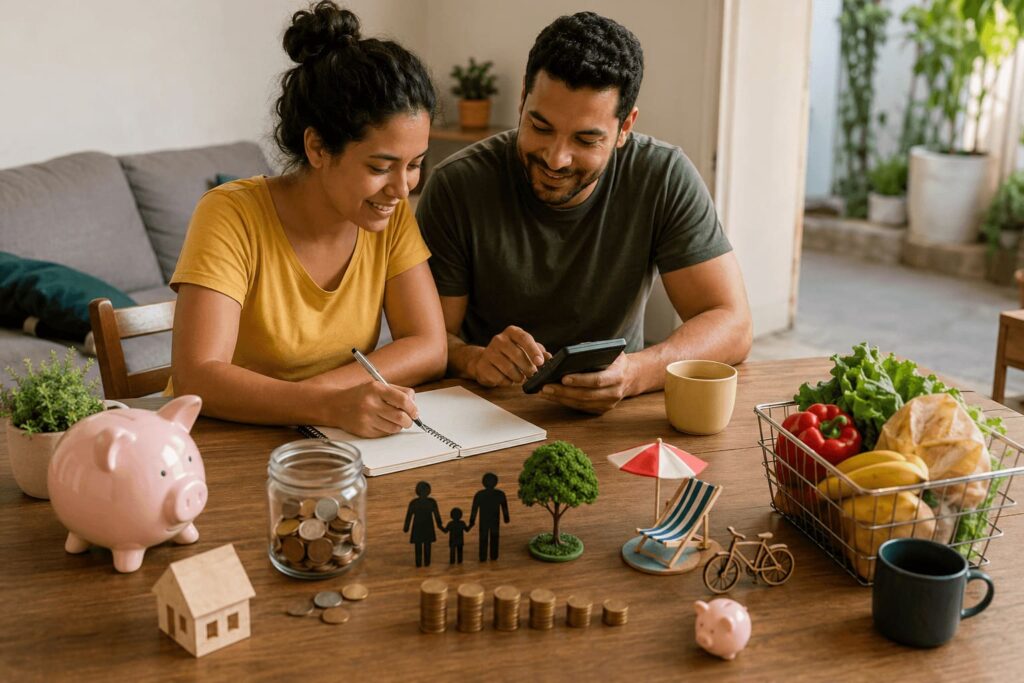 Casal com anotações de orçamento familiar, calculadora e moedas