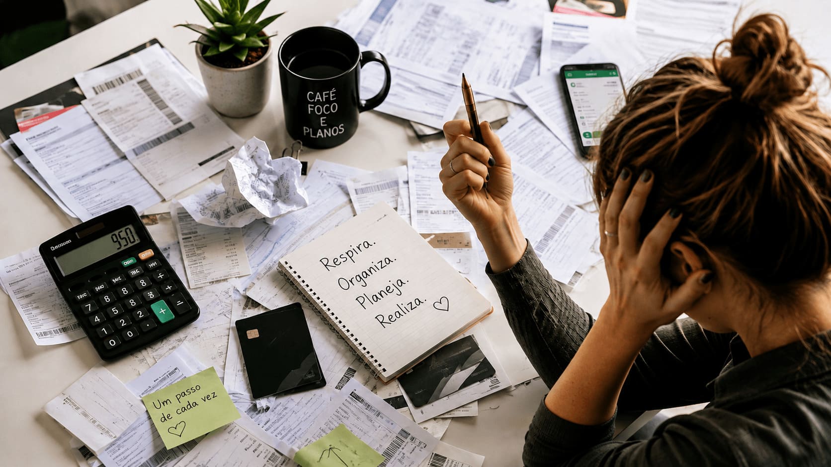 Mãos organizando contas e planejamento financeiro em um caderno