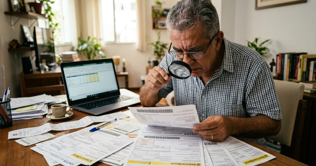 Homem fazendo analise das contas pessoais com lupa