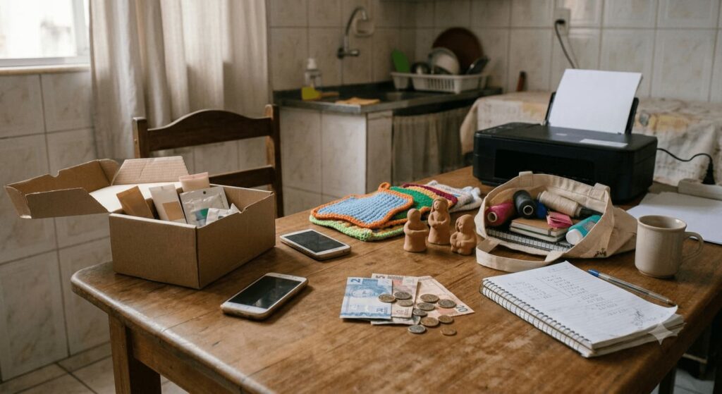 Mulher organizando orçamento e anotações para aprender como fazer renda extra em casa