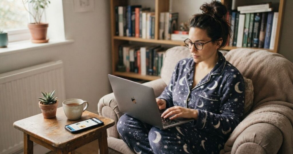 mulher no sofá trabalhando com notebook na amazon como remoto
