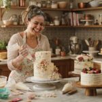 mulher feliz confeitando bolo pra vender
