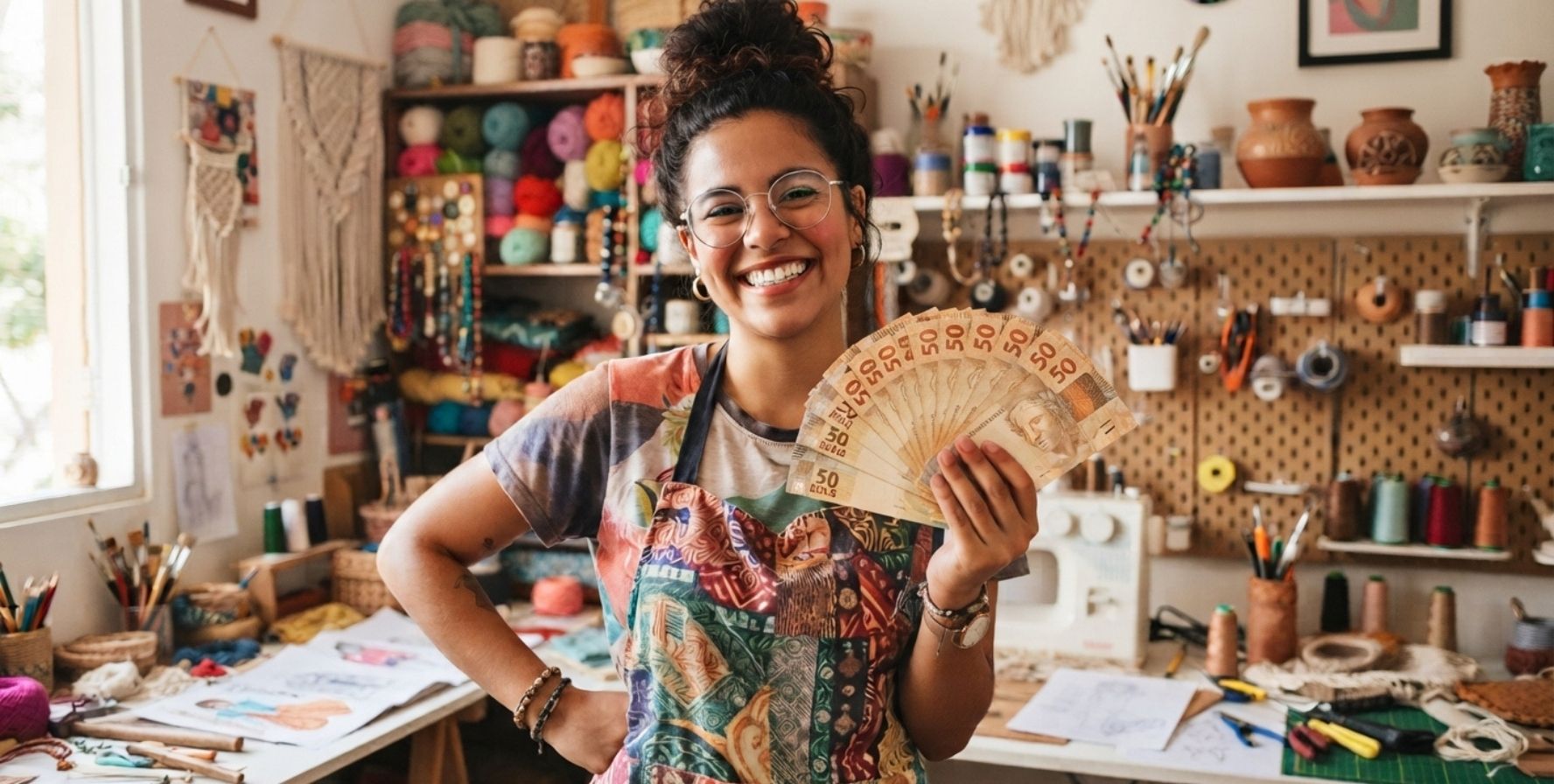 artesã radiante com um leque de dinheiro
