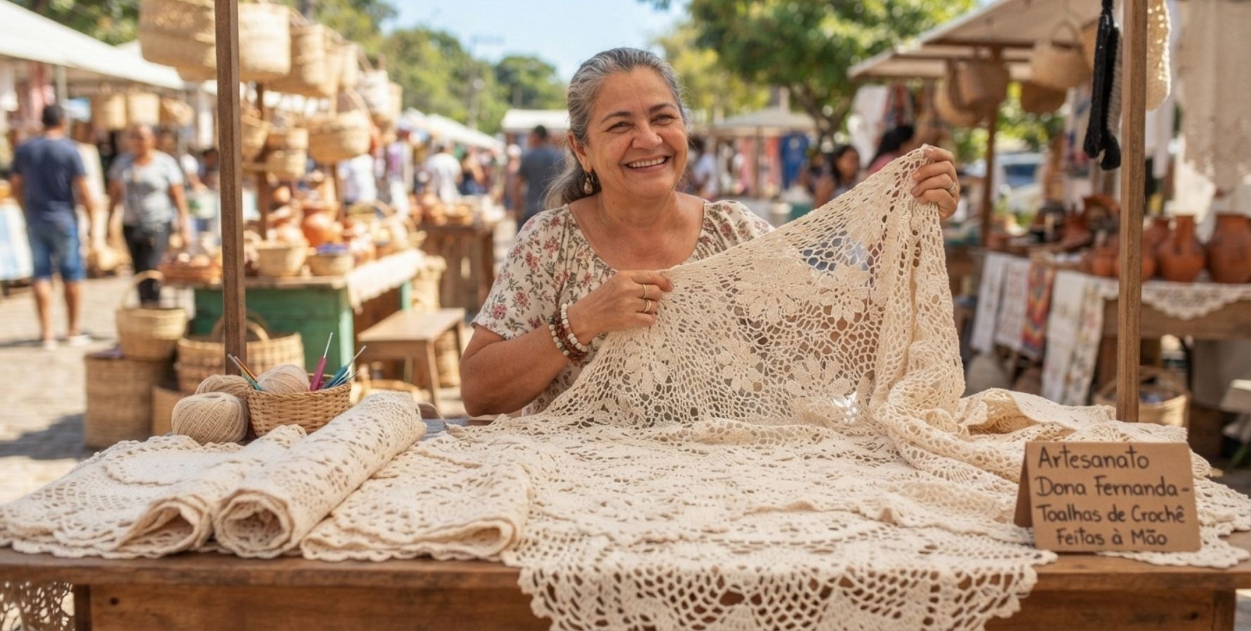 artesã na feira vendendo toalha de crochÊ