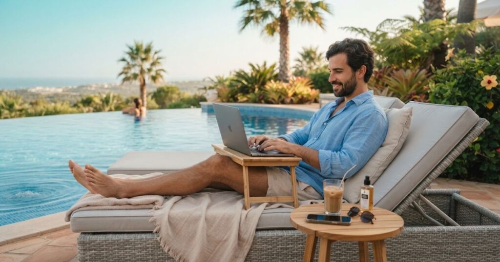 homem feliz trabalhando na beira da piscina com notebook