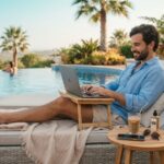 homem feliz trabalhando na beira da piscina com notebook