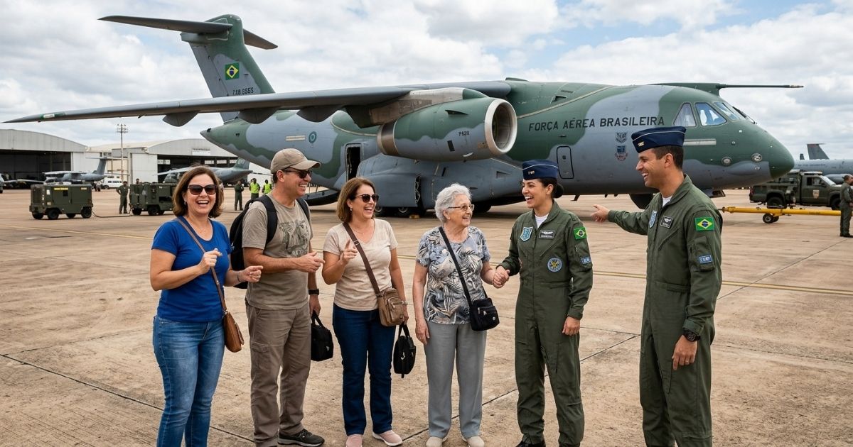 turistas com os pilotos da força aerea brasileira